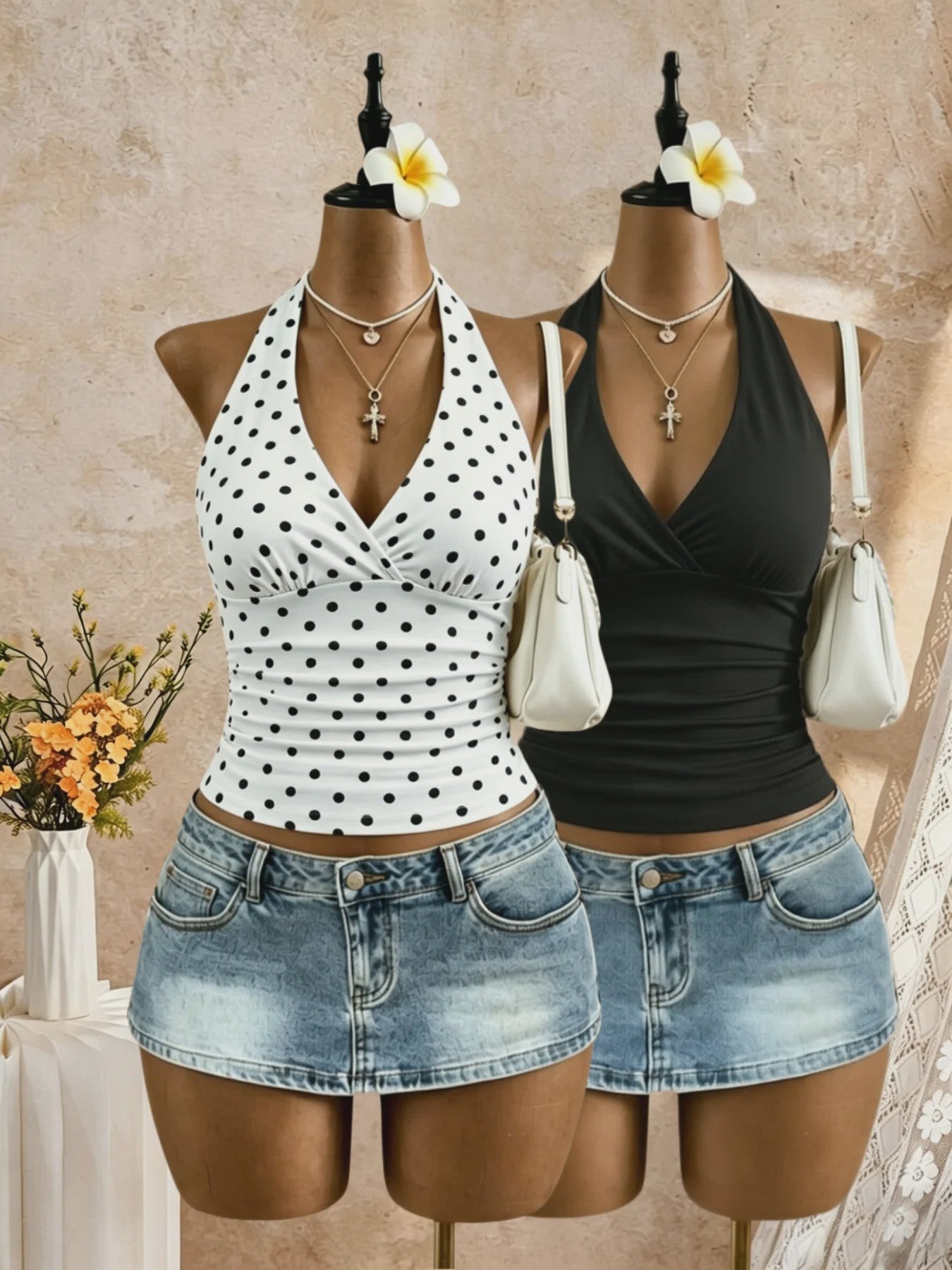2-Pack Dames Crop Top met Halternek, Diepe V-hals en Ruches - Zomer Y2K Stijl
