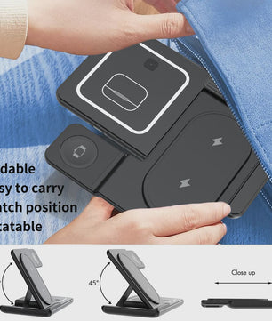 3-in-1 Opvouwbare Draadloze Oplader Stand voor Samsung Telefoon, Horloge & Earbuds - Snel Laden