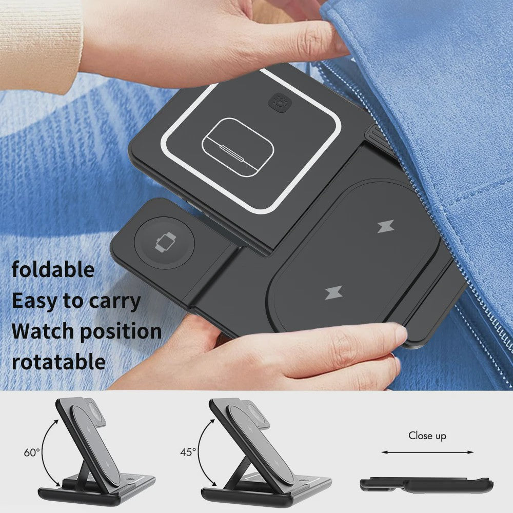 3-in-1 Opvouwbare Draadloze Oplader Stand voor Samsung Telefoon, Horloge & Earbuds - Snel Laden