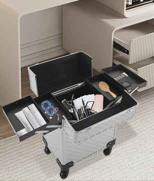 Zilveren Verrijdbare Make-up Koffer - Grote Professionele Trolley voor Cosmetica