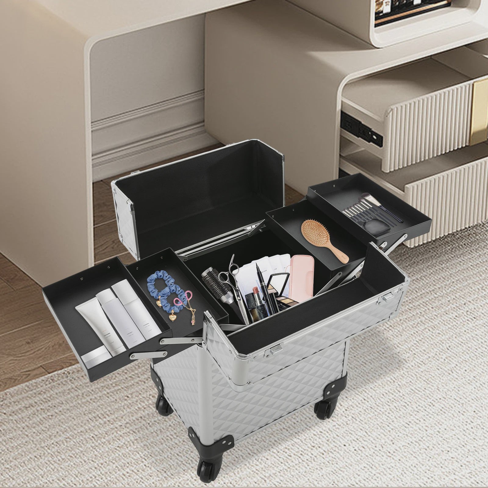 Zilveren Verrijdbare Make-up Koffer - Grote Professionele Trolley voor Cosmetica