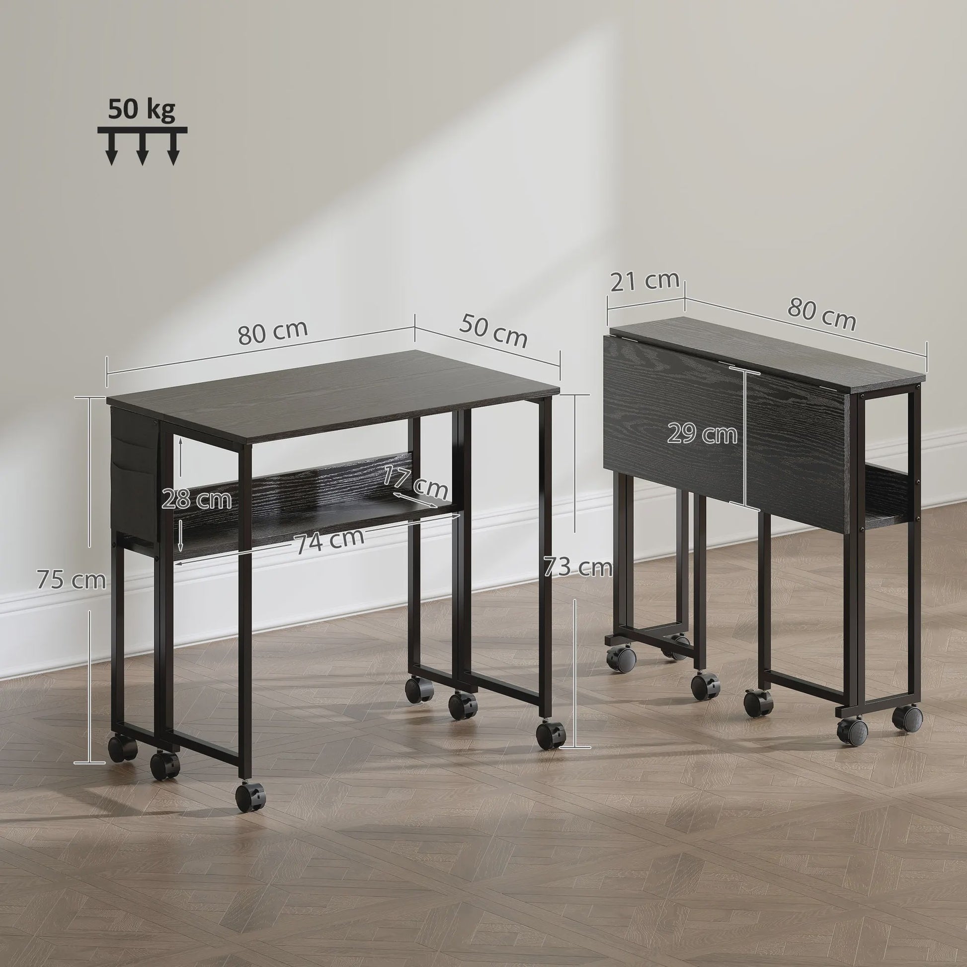 HOMCOM Inklapbaar Bureau op Wieltjes (80x50 cm) met Plank en Opbergvak - Zwart
