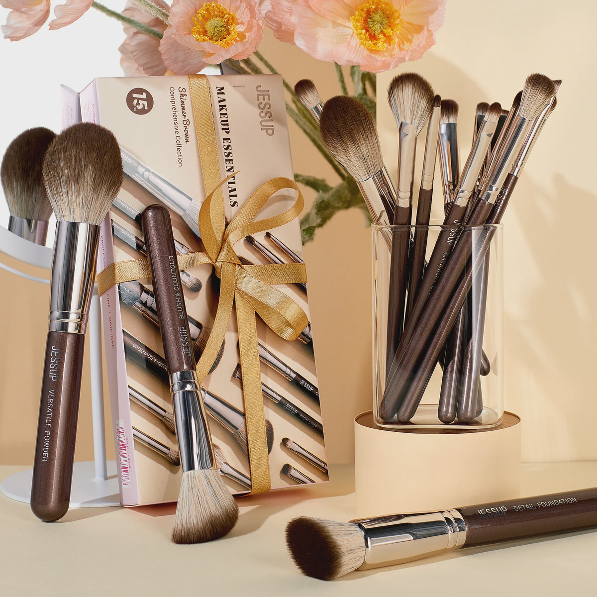 Jessup 15-delige Vegan Make-up Kwasten Set - Bruin - Foundation, Concealer, Poeder, Oogschaduw