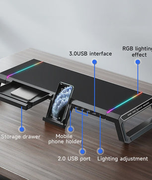 Monitorstandaard met USB 3.0 Hub en RGB Verlichting - Opklapbaar Bureau Organizer