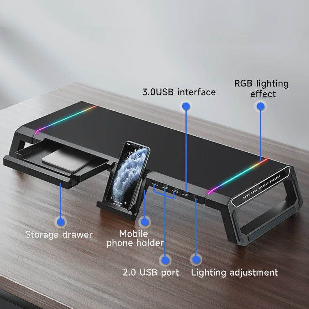 Monitorstandaard met USB 3.0 Hub en RGB Verlichting - Opklapbaar Bureau Organizer
