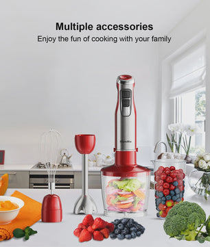 BioloMix Red 1200W 4-in-1 Hand Blender: Krachtige Staafmixer met Hakker & Smoothiebeker voor Babyvoeding en IJs
