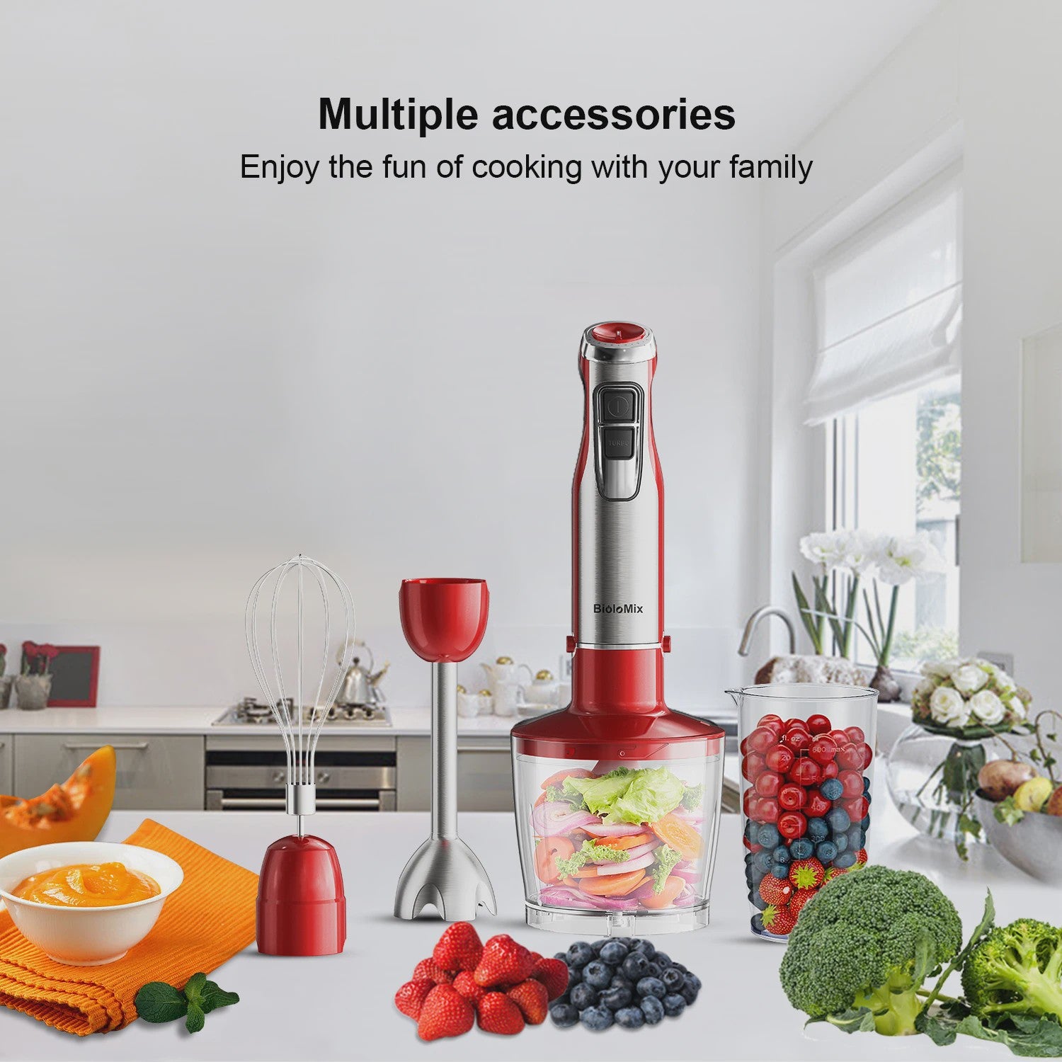 BioloMix Red 1200W 4-in-1 Hand Blender: Krachtige Staafmixer met Hakker & Smoothiebeker voor Babyvoeding en IJs