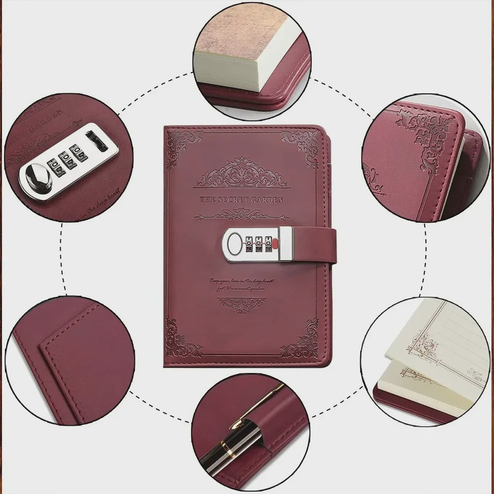 A5 PU Leder Dagboek met Cijferslot - Rood Vintage Notitieboek voor Geheimen & Cadeaus