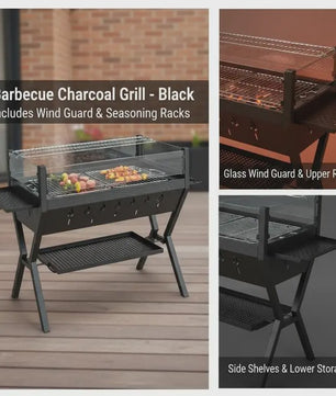 Stevige Zwarte Houtskool BBQ Grill met Windscherm en Kruidenrek - Perfect voor Tuinfeesten
