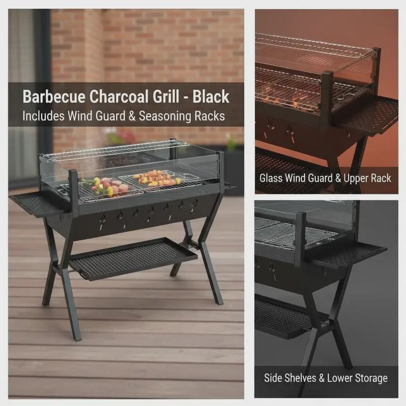 Stevige Zwarte Houtskool BBQ Grill met Windscherm en Kruidenrek - Perfect voor Tuinfeesten