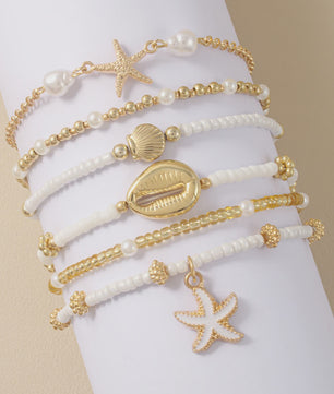 Set van 5 Vintage Kralen Armbanden met Sterren en Schelpen - Zomerse Beach Party Stijl