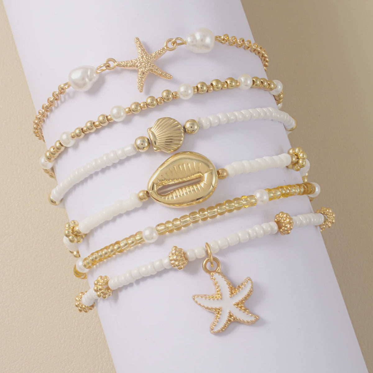 Set van 5 Vintage Kralen Armbanden met Sterren en Schelpen - Zomerse Beach Party Stijl