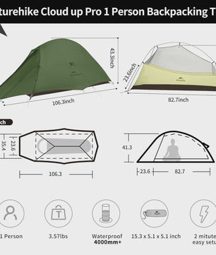 Naturehike Cloud Up Pro 1-Persoons Lichtgewicht Trekking Tent - Waterdicht & Eenvoudig Op te Zetten