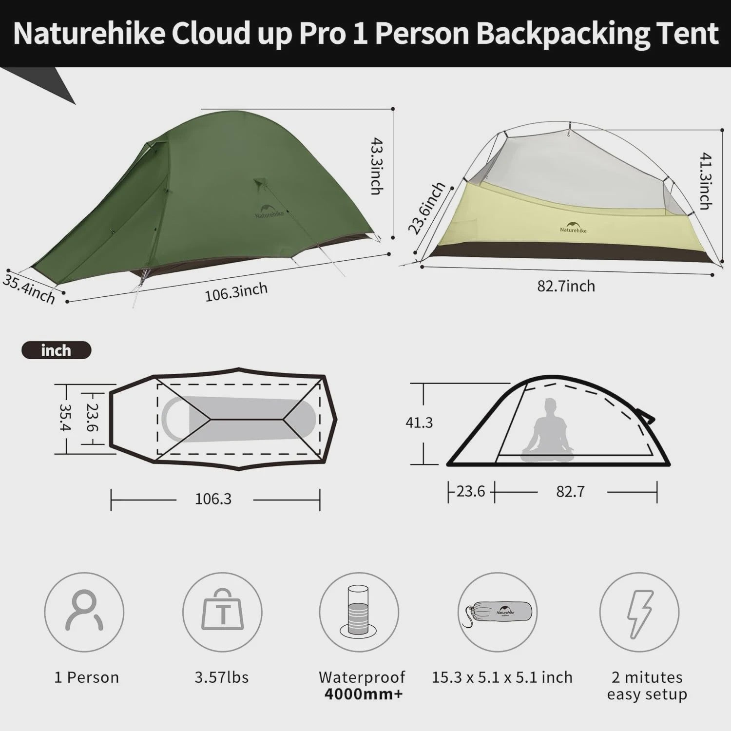 Naturehike Cloud Up Pro 1-Persoons Lichtgewicht Trekking Tent - Waterdicht & Eenvoudig Op te Zetten
