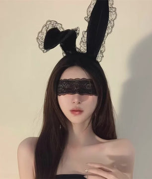 Luxe Bunny Oor Hoofdband met Kant en Bijpassend Oogmasker - Sexy Accessoire