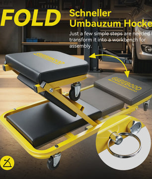 2-in-1 Werkplaatskruk & Monitortafel: Opvouwbare Autoreparatie Stoel met 360° Zwenkwielen