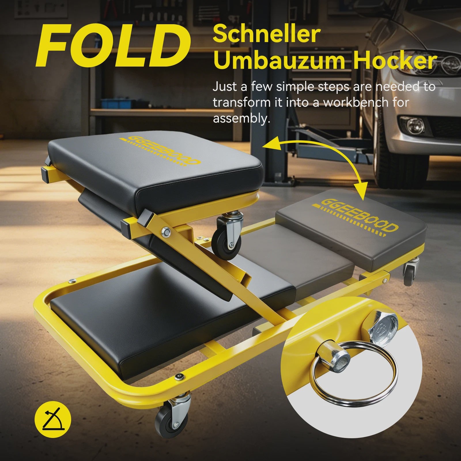 2-in-1 Werkplaatskruk & Monitortafel: Opvouwbare Autoreparatie Stoel met 360° Zwenkwielen