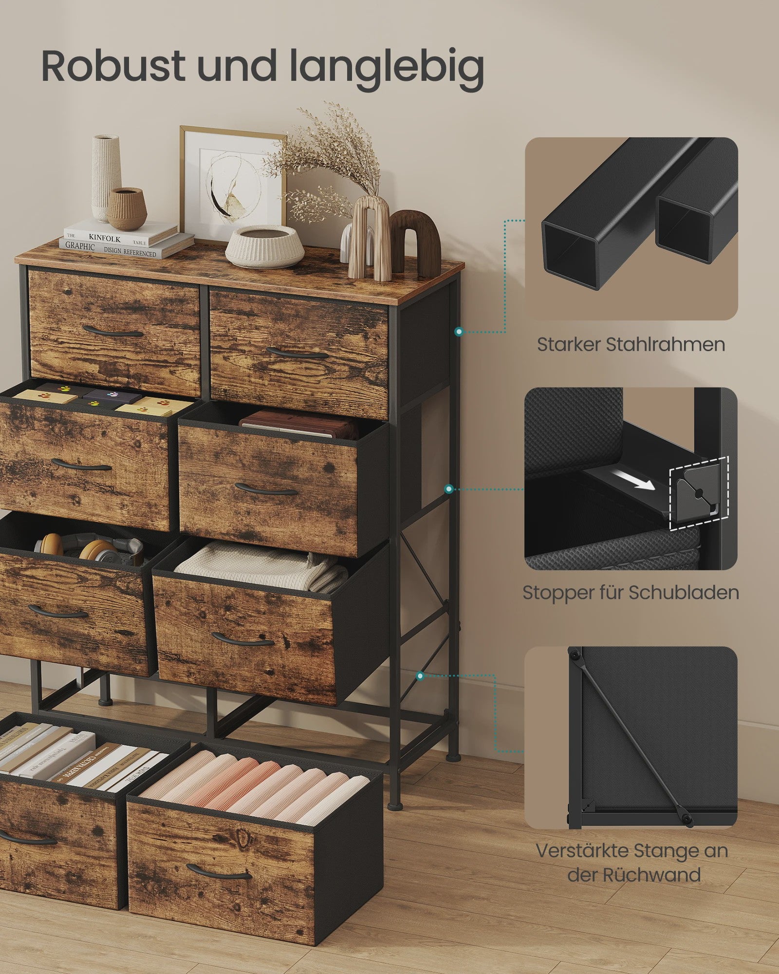 SONGMICS Ladekast met 8 Lades - Stijlvolle Opbergkast in Vintage Hout-Look en Staal