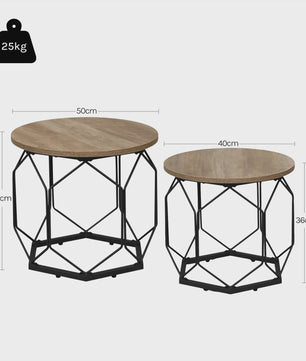 Set van 2 Ronde Bijzettafels met Opbergruimte - Stijlvolle Koffie- en Salontafels voor de Woonkamer met Metaal Frame en Hout