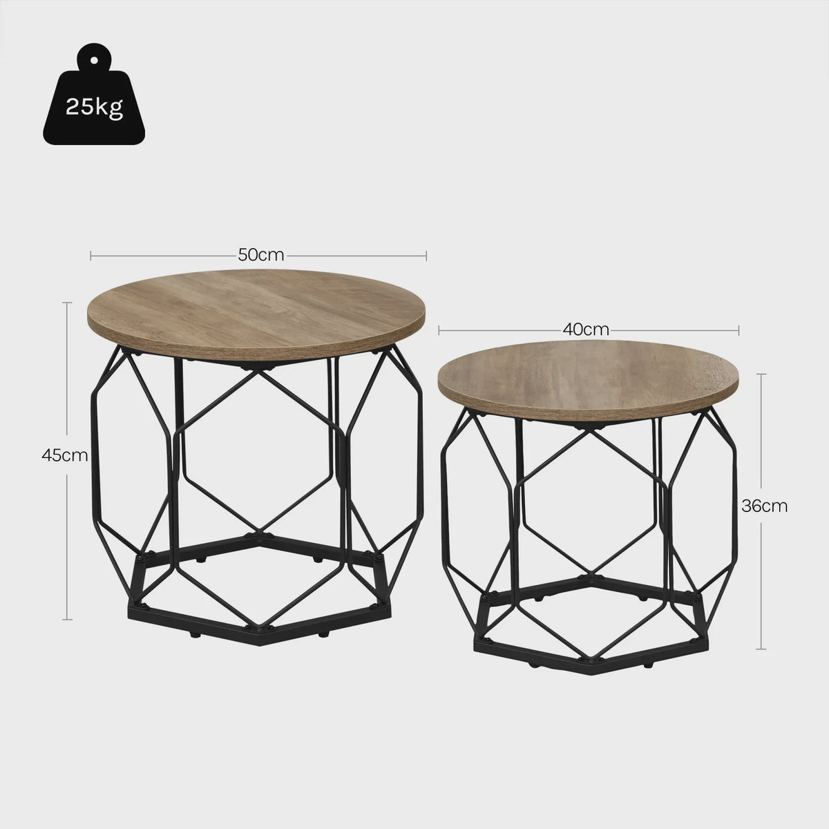 Set van 2 Ronde Bijzettafels met Opbergruimte - Stijlvolle Koffie- en Salontafels voor de Woonkamer met Metaal Frame en Hout