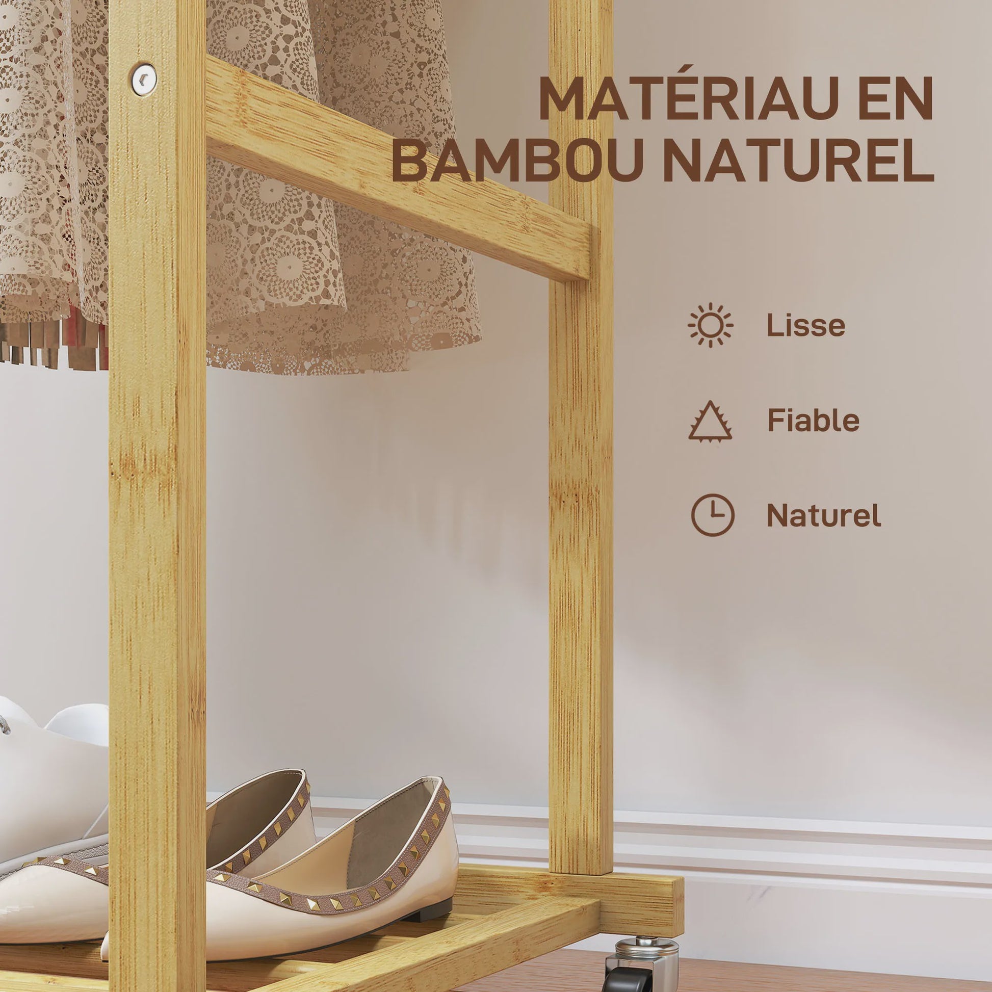 HOMCOM Bamboe Kledingrek met Wielen - Stijlvolle Garderobe voor Slaapkamer en Wasruimte