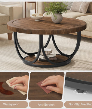 Ronde Salontafel met 2 Niveaus - 80 cm Houten Cocktailtafel met Metalen Frame