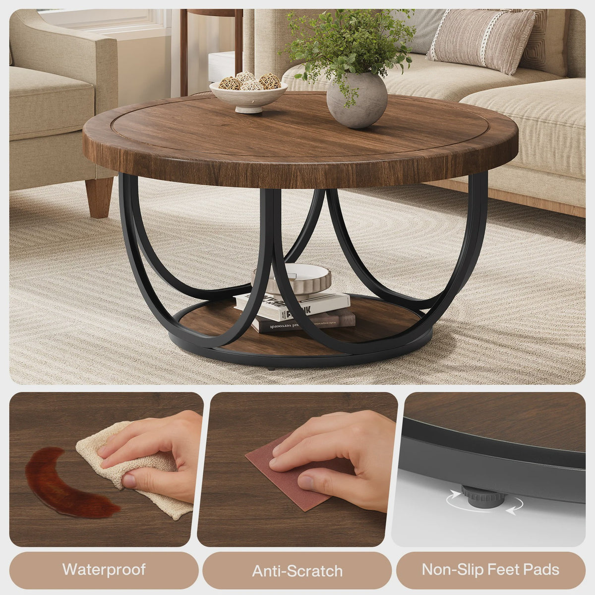 Ronde Salontafel met 2 Niveaus - 80 cm Houten Cocktailtafel met Metalen Frame