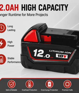 18V Lithium-Ion Accu voor Milwaukee M18 - Hoge Capaciteit 12.0Ah