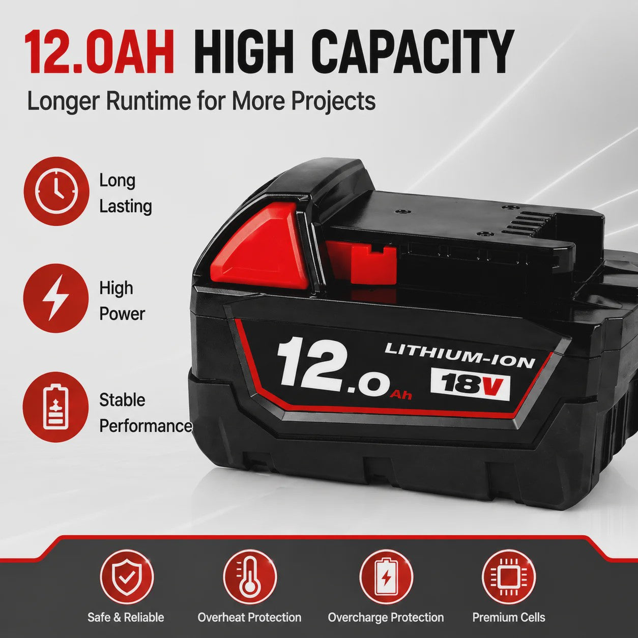 18V Lithium-Ion Accu voor Milwaukee M18 - Hoge Capaciteit 12.0Ah