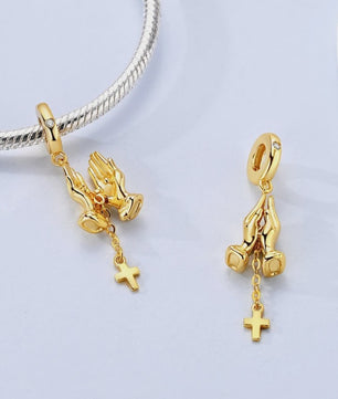 925 Sterling Zilveren Bedel: Gouden Strik met Roze Hart & Kruis met Oog van Horus