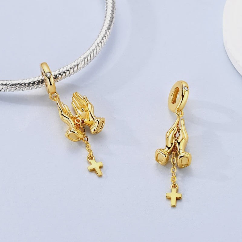 925 Sterling Zilveren Bedel: Gouden Strik met Roze Hart & Kruis met Oog van Horus