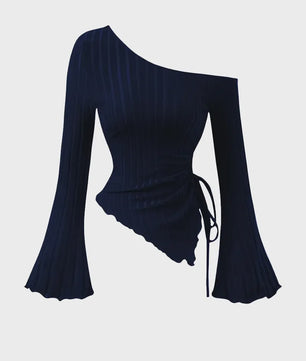 Dames Off-Shoulder T-shirt met Trompetmouwen en Asymmetrische Pasvorm