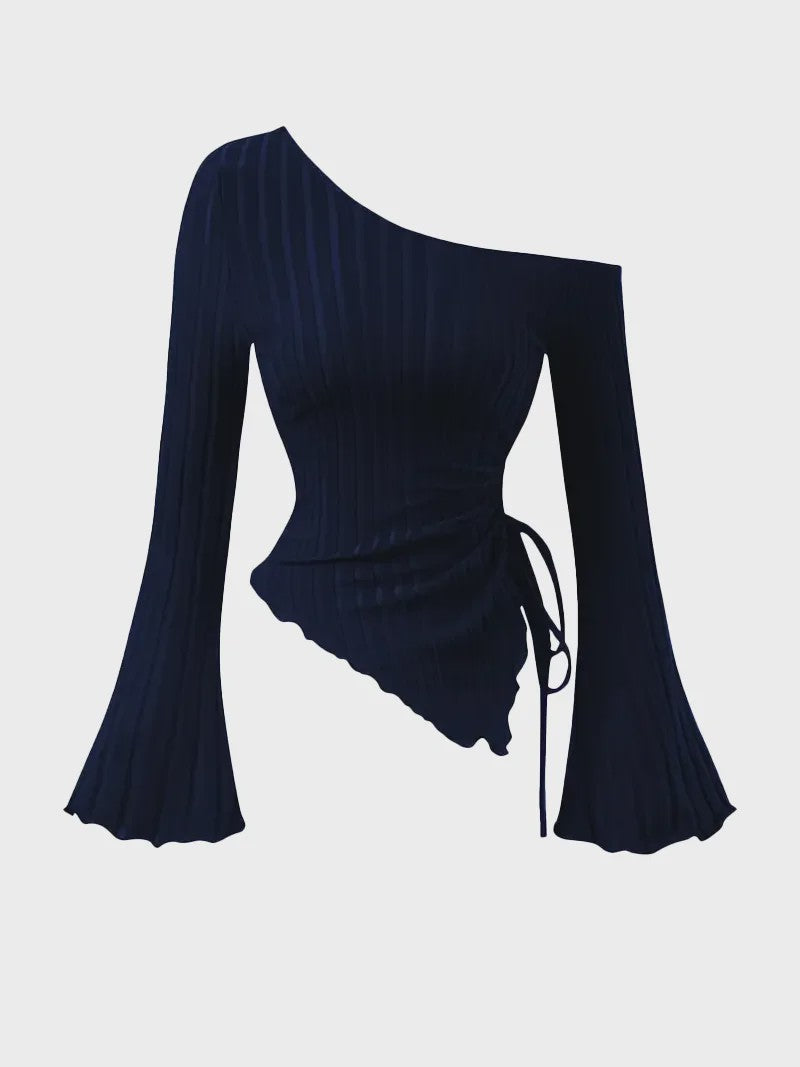 Dames Off-Shoulder T-shirt met Trompetmouwen en Asymmetrische Pasvorm