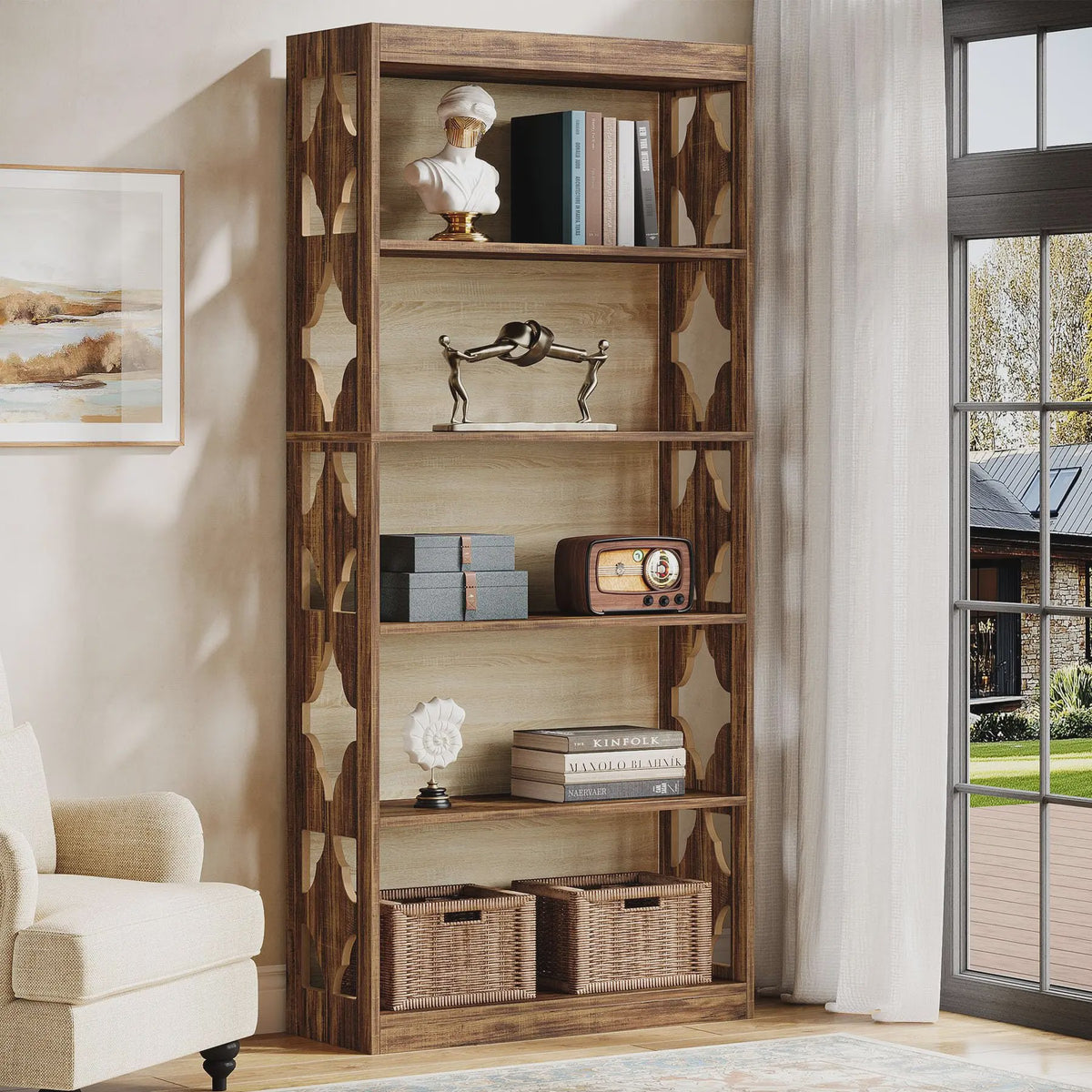 Tribesigns Hoge Boekenkast met 6 Niveaus - Rustiek Houtnerf Design