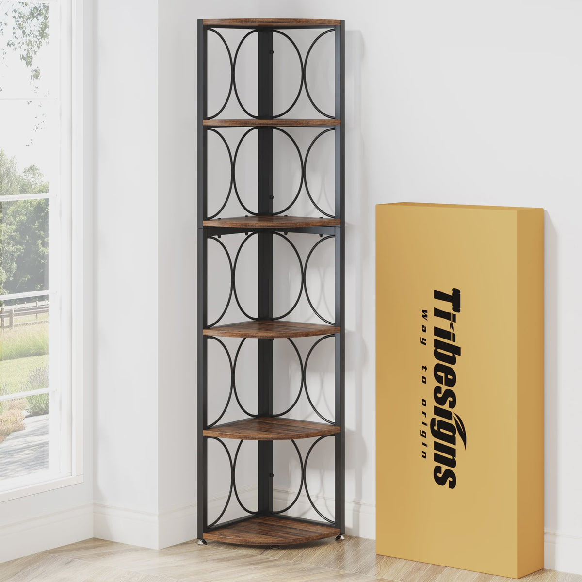 Tribesigns Hoekboekenkast 6 Niveaus - 155 cm Hoge Staande Opbergrek met Rustiek Design