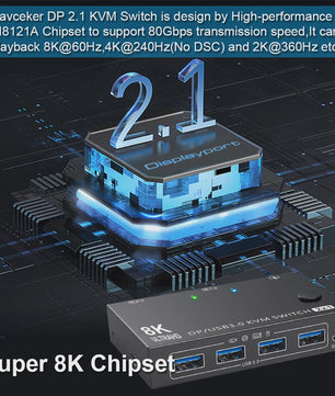 Navceker 2-Poorts DisplayPort KVM Switch: 8K 60Hz, 4K 240Hz, USB 3.0 - Deel 1 Monitor & 4 Apparaten