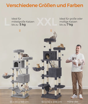 XXL Krabpaal 206 cm hoog - Grote kattenboom met 13 krabpalen, 2 holtes, hangmat & ballen