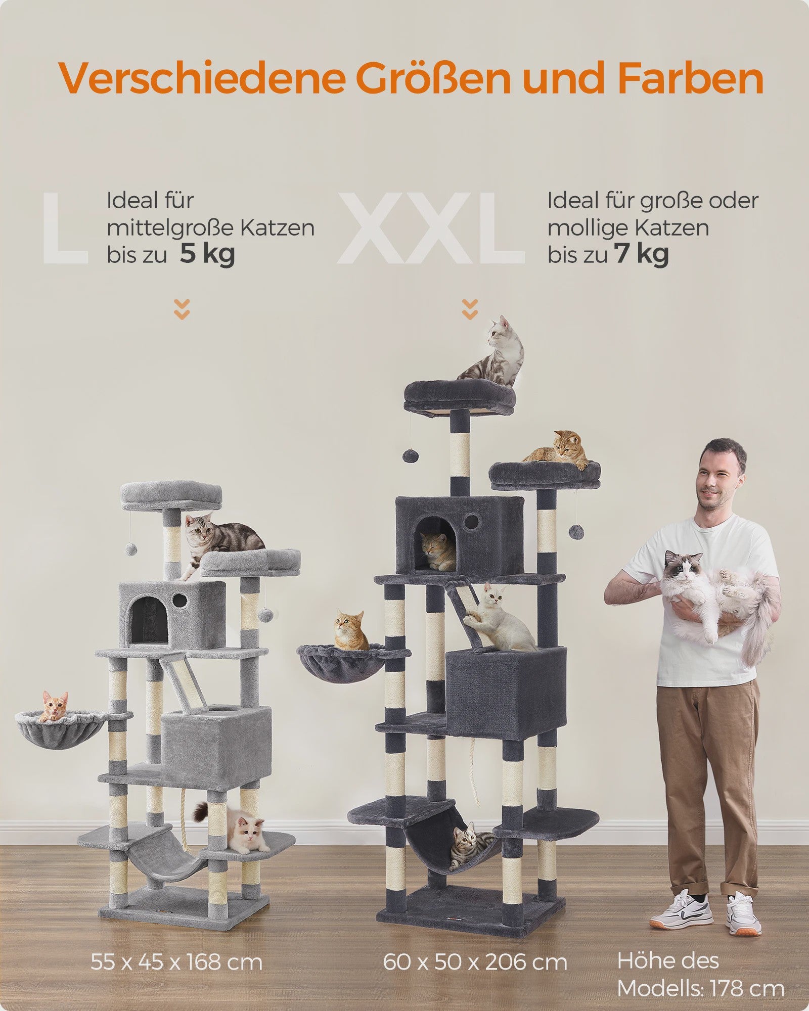 XXL Krabpaal 206 cm hoog - Grote kattenboom met 13 krabpalen, 2 holtes, hangmat & ballen