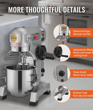 Professionele Standmixer 20L - 3 Snelheden, Deegmixer met RVS Kom & 3 Opzetstukken