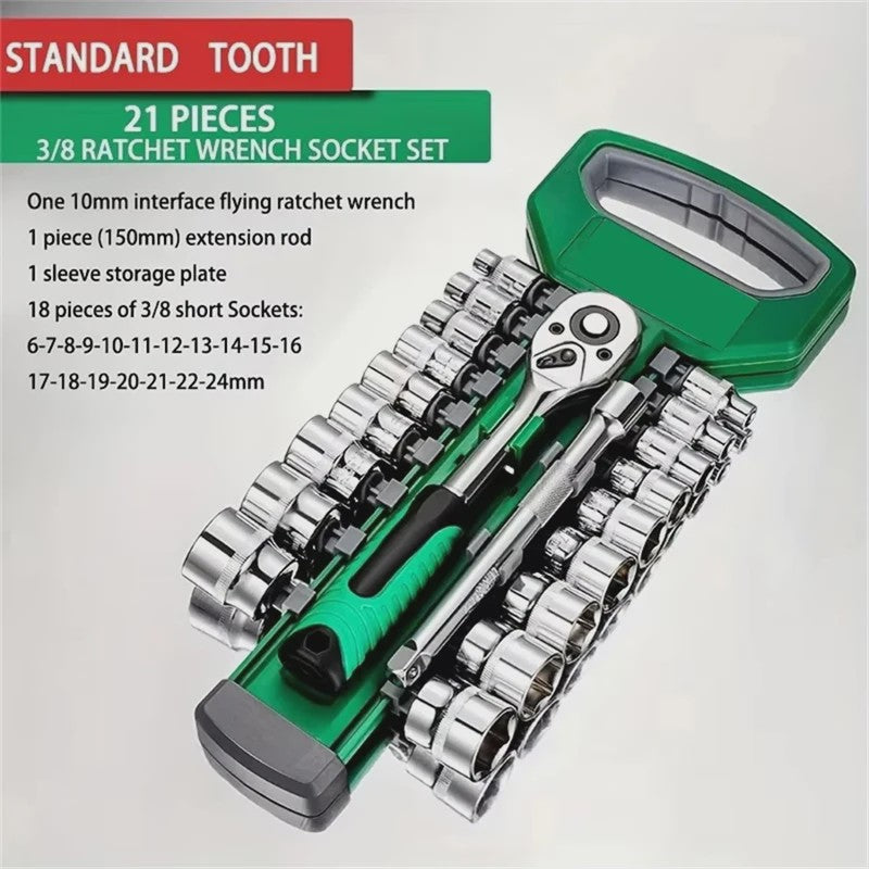 21-delige Ratel Sleutel Dop Set 3/8" - Gereedschap voor Auto, Garage & Werkplaats