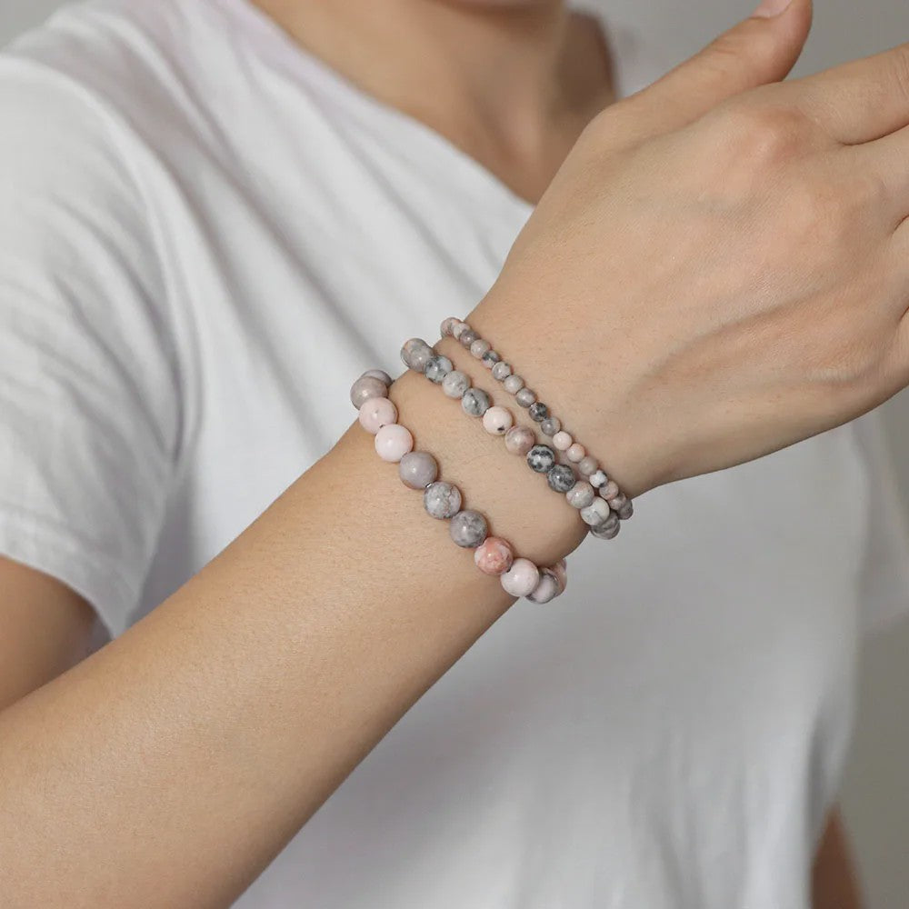 Set van 3 Natuursteen Amazoniet & Zebra Agate Armbanden - 4, 6, 8 mm Kralen