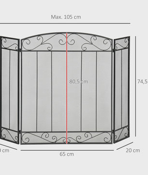 HOMCOM 3-delig Vuurvaste Scherm voor Open Haard - 105x80,5 cm - Zwart Metalen Plissé Ontwerp