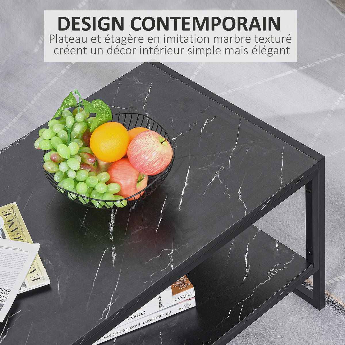 HOMCOM Salontafel met 2 etages, Modern Design, Zwart Marmerlook, 106x50x47 cm