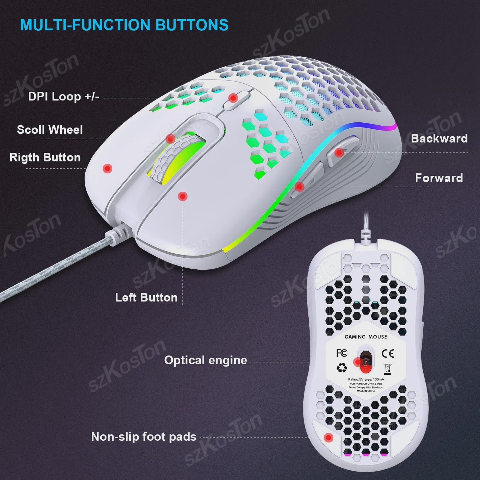 RGB Gaming Muis met Honingraat Design, 7200 DPI, Ergonomisch & Bedraad