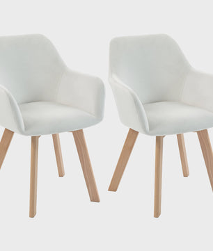 Set van 2 Crème Fluweel Armstoelen - Comfortabele Eetkamerstoelen met Houten Poten