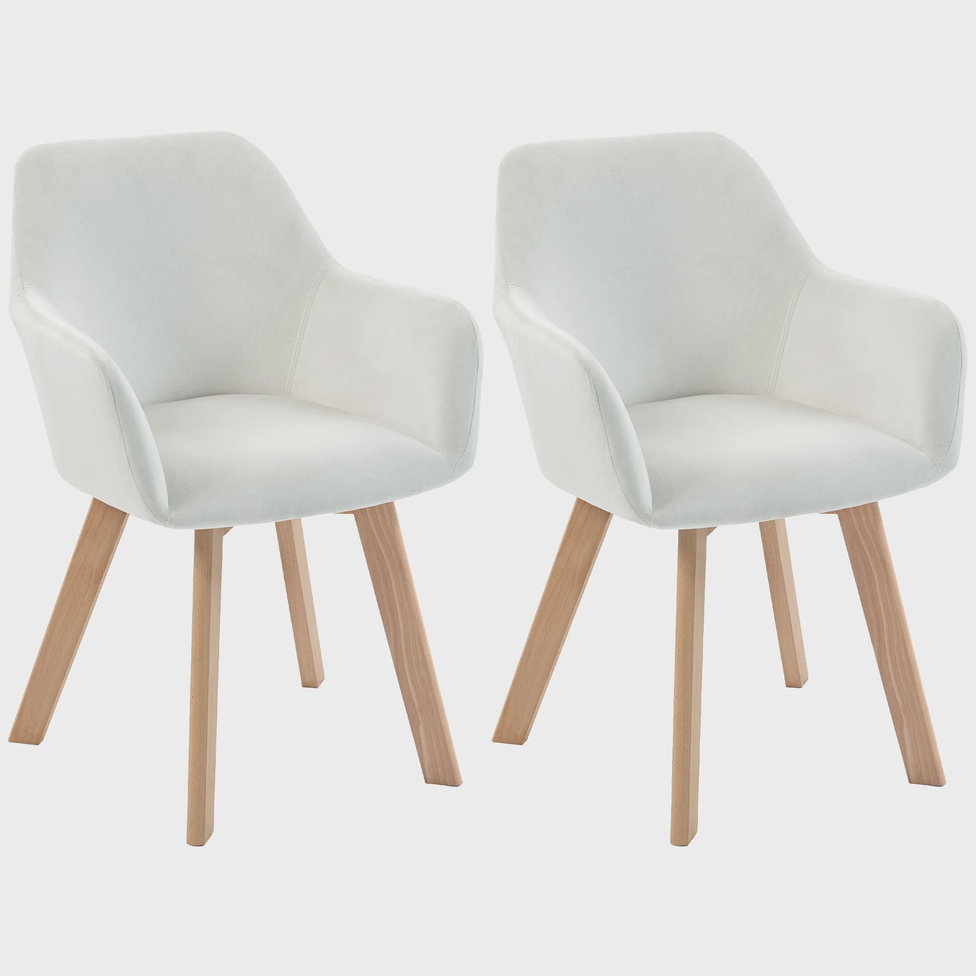 Set van 2 Crème Fluweel Armstoelen - Comfortabele Eetkamerstoelen met Houten Poten