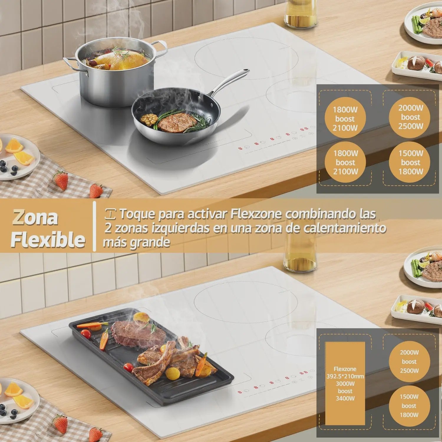 Karinear Inductie Kookplaat 59cm Wit Keramisch Glas - 4 Zones met Flex Zone