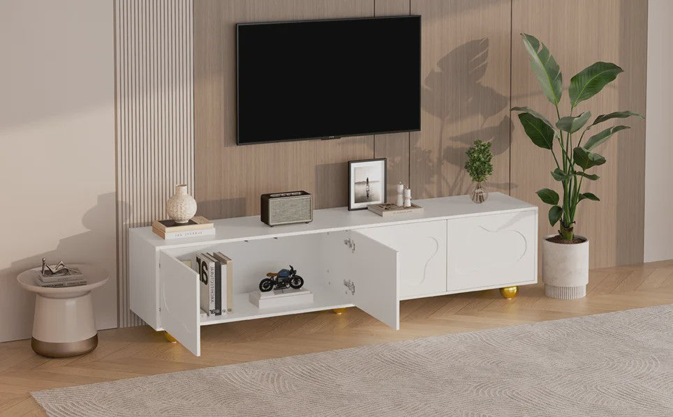 180cm Wit TV-meubel met Cloud Design, 4 Deuren, Geschikt voor 75-inch TV's