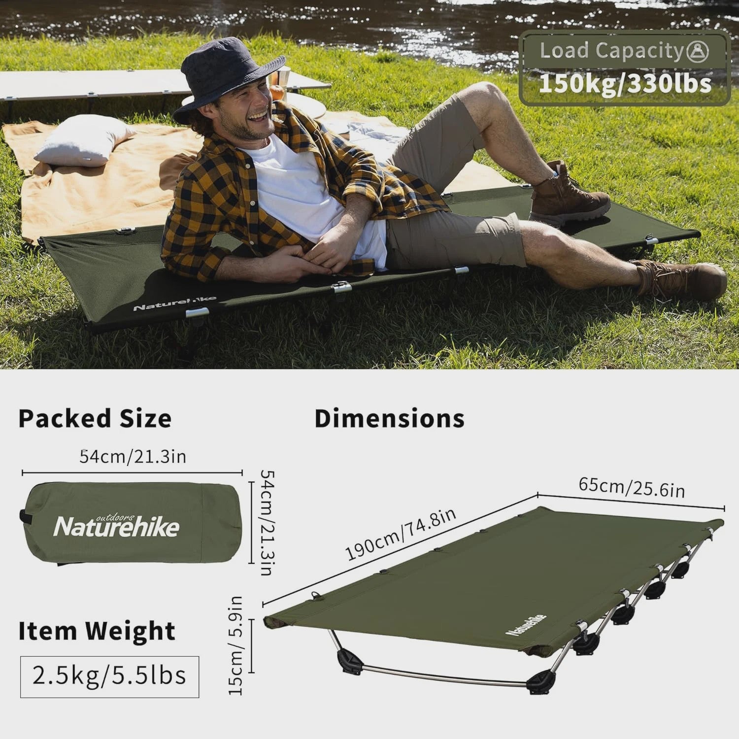 Naturehike Opklapbaar Campingbed - Draagbaar en Comfortabel voor Outdoor Avonturen (190x65cm)