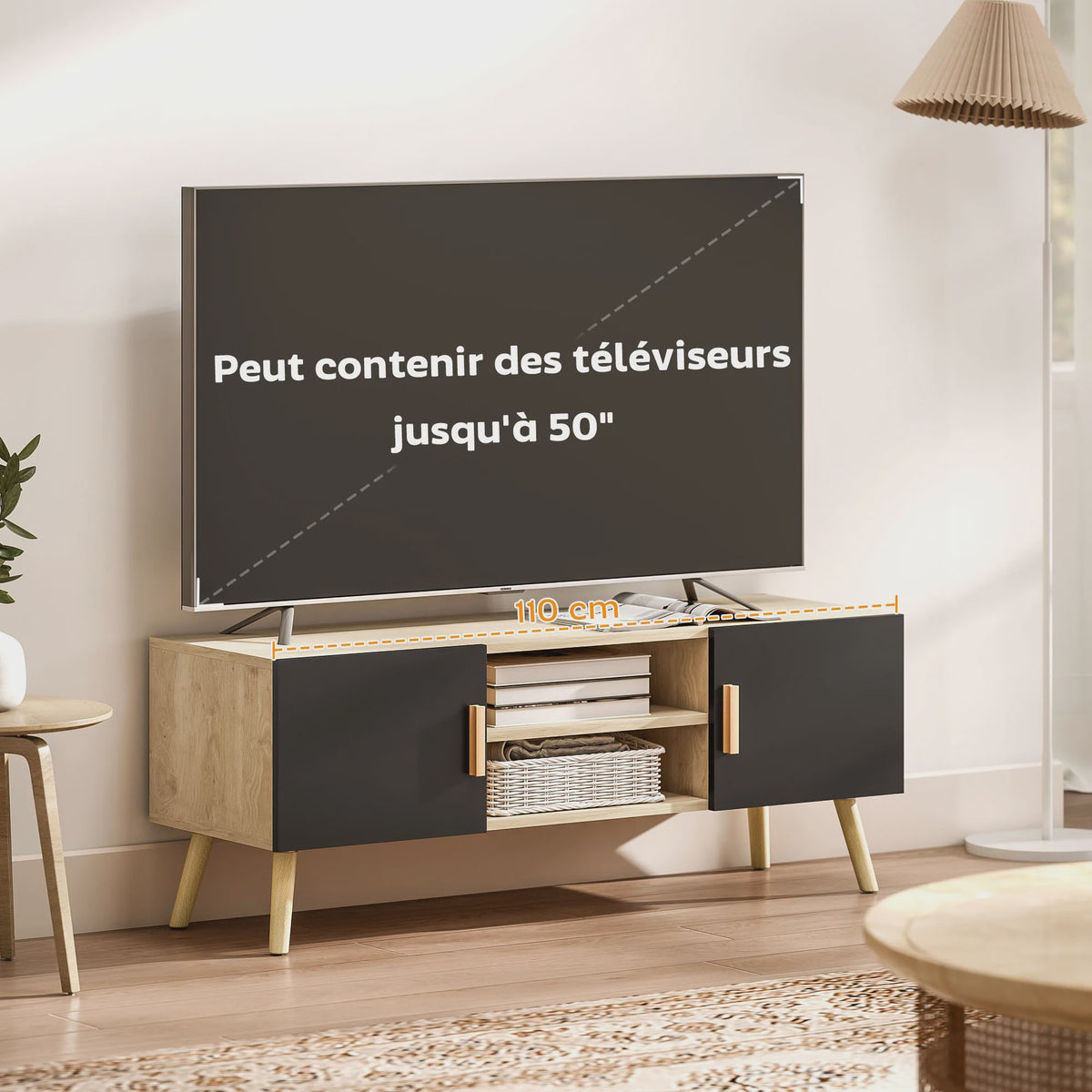 HOMCOM Furniture TV Furniture TV drink TV bench up to 50 inch with shelves, 2 closets and cable passes for living room, bedroom, 110x42 cm, oak and black